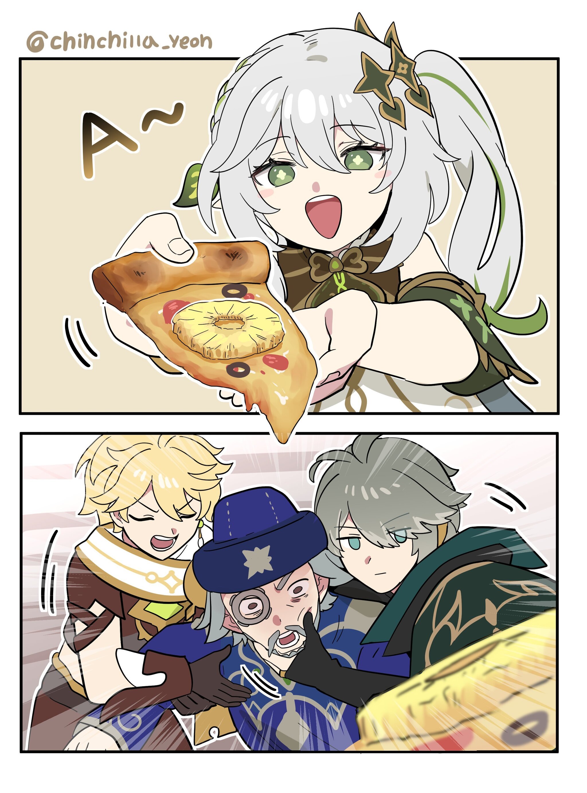 Cruel punishment - Genshin impact, Art, Comics, Aether (Genshin Impact), Nahida (Genshin Impact), Alhaitham (Genshin Impact), Pizza, Pizza with pineapples