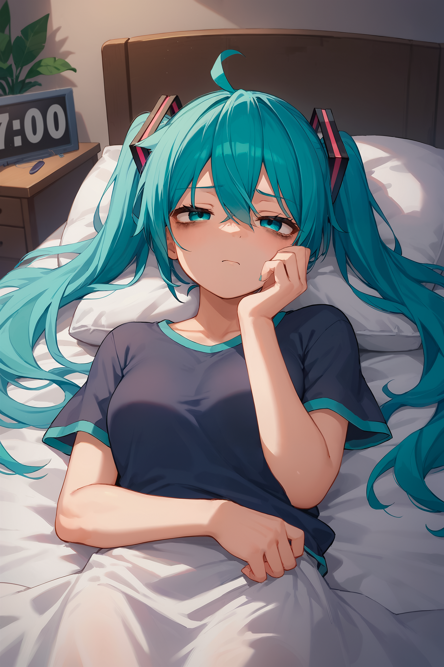 Friday Miku #15: These weekday mornings of yours again... - My, Hatsune Miku, Friday Miku, Morning is never good, Fatigue, Awakening, Anime art, Neural network art, Stable diffusion, Girls, Colorful hair, Good morning, Portrait