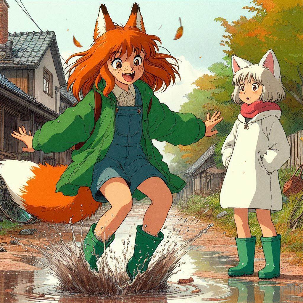 Are you completely nuts? (childhood memory) - My, Art, Neural network art, Нейронные сети, Ginger & White, Animal ears, Anime, Anime art, Original character, Kitsune, Tail, Autumn, Puddle, Childhood, Childhood memories, Longpost