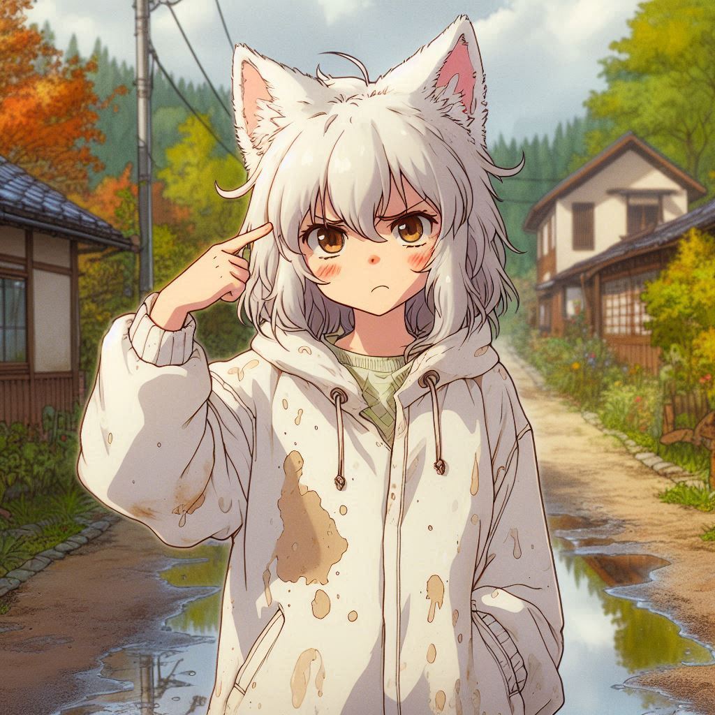 Are you completely nuts? (childhood memory) - My, Art, Neural network art, Нейронные сети, Ginger & White, Animal ears, Anime, Anime art, Original character, Kitsune, Tail, Autumn, Puddle, Childhood, Childhood memories, Longpost