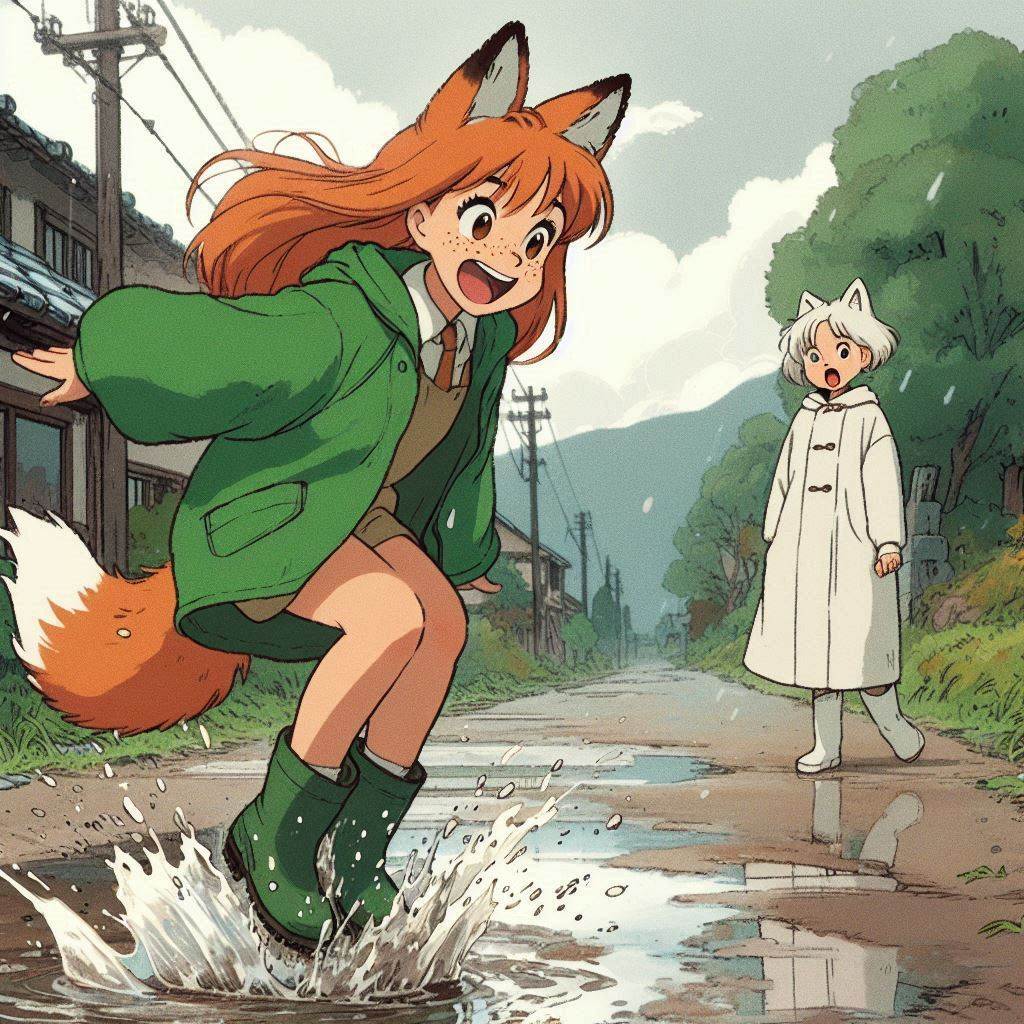 Are you completely nuts? (childhood memory) - My, Art, Neural network art, Нейронные сети, Ginger & White, Animal ears, Anime, Anime art, Original character, Kitsune, Tail, Autumn, Puddle, Childhood, Childhood memories, Longpost