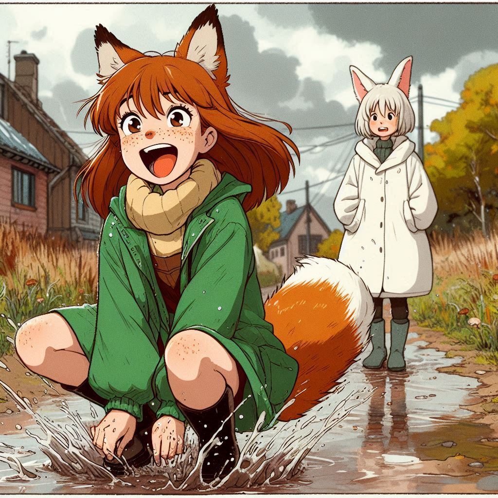 Are you completely nuts? (childhood memory) - My, Art, Neural network art, Нейронные сети, Ginger & White, Animal ears, Anime, Anime art, Original character, Kitsune, Tail, Autumn, Puddle, Childhood, Childhood memories, Longpost