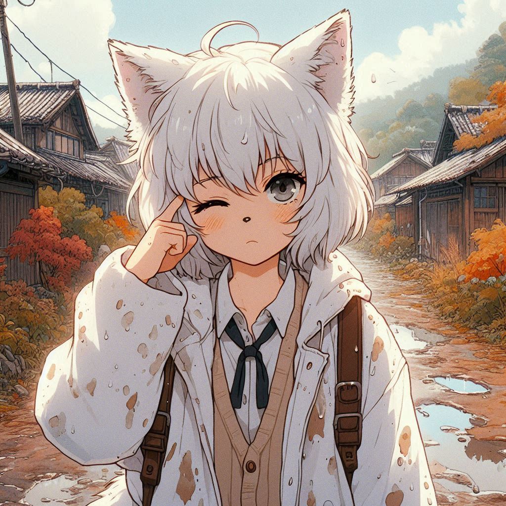 Are you completely nuts? (childhood memory) - My, Art, Neural network art, Нейронные сети, Ginger & White, Animal ears, Anime, Anime art, Original character, Kitsune, Tail, Autumn, Puddle, Childhood, Childhood memories, Longpost