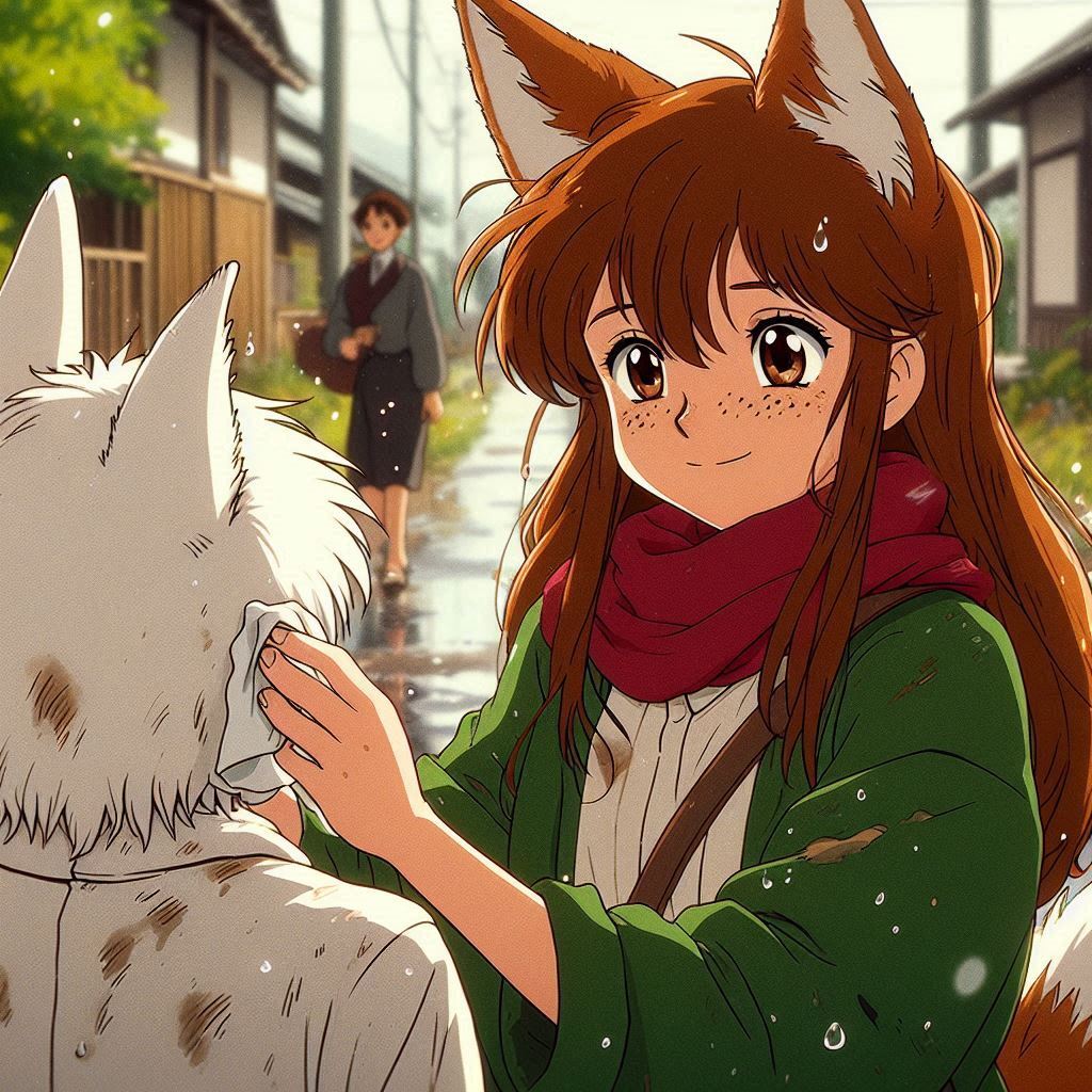 Are you completely nuts? (childhood memory) - My, Art, Neural network art, Нейронные сети, Ginger & White, Animal ears, Anime, Anime art, Original character, Kitsune, Tail, Autumn, Puddle, Childhood, Childhood memories, Longpost