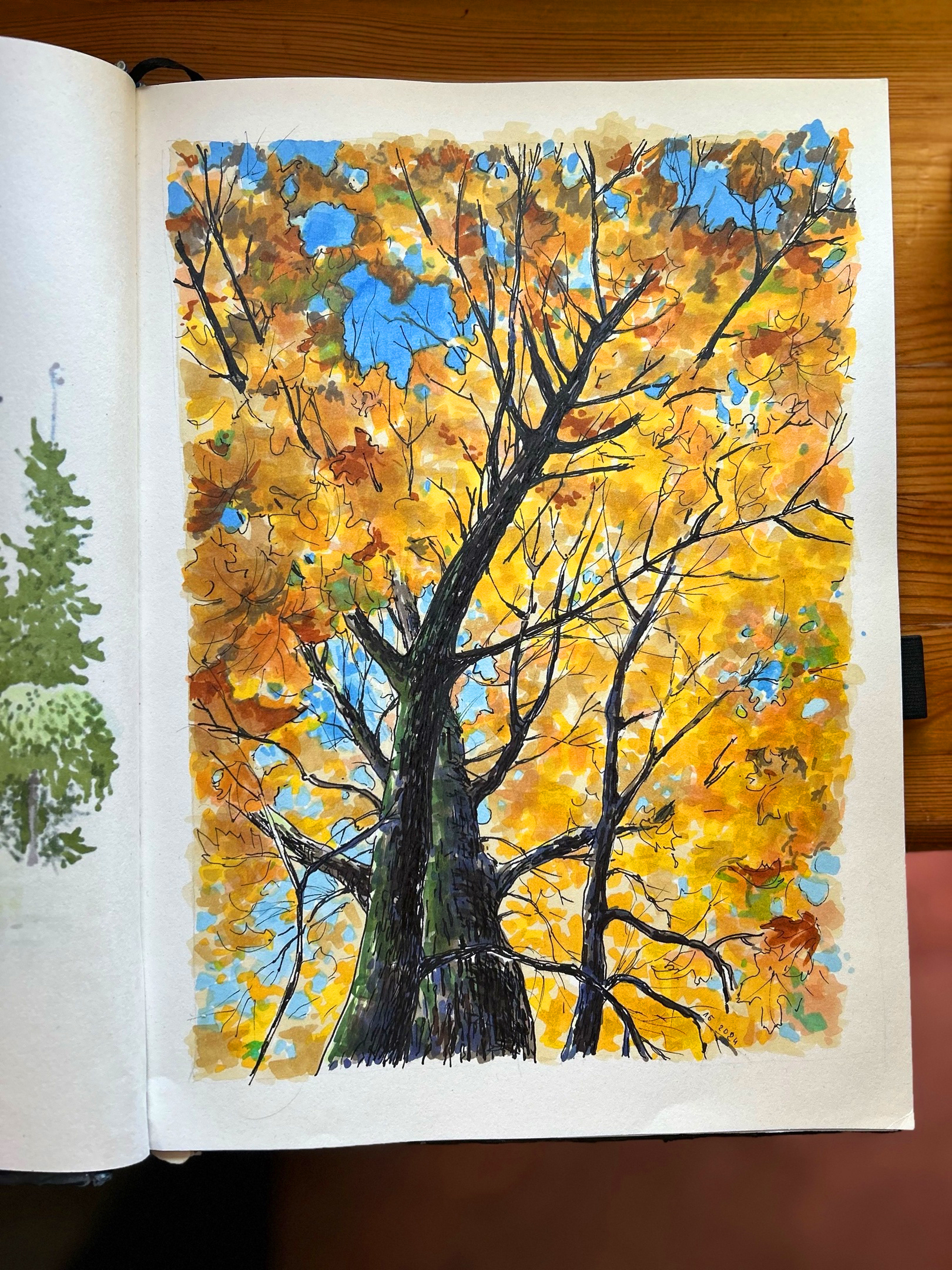 Maple with markers and liner - My, Art, Artist, Painting, Art, Saint Petersburg, Maple, Autumn, Autumn leaves, Tree, Longpost