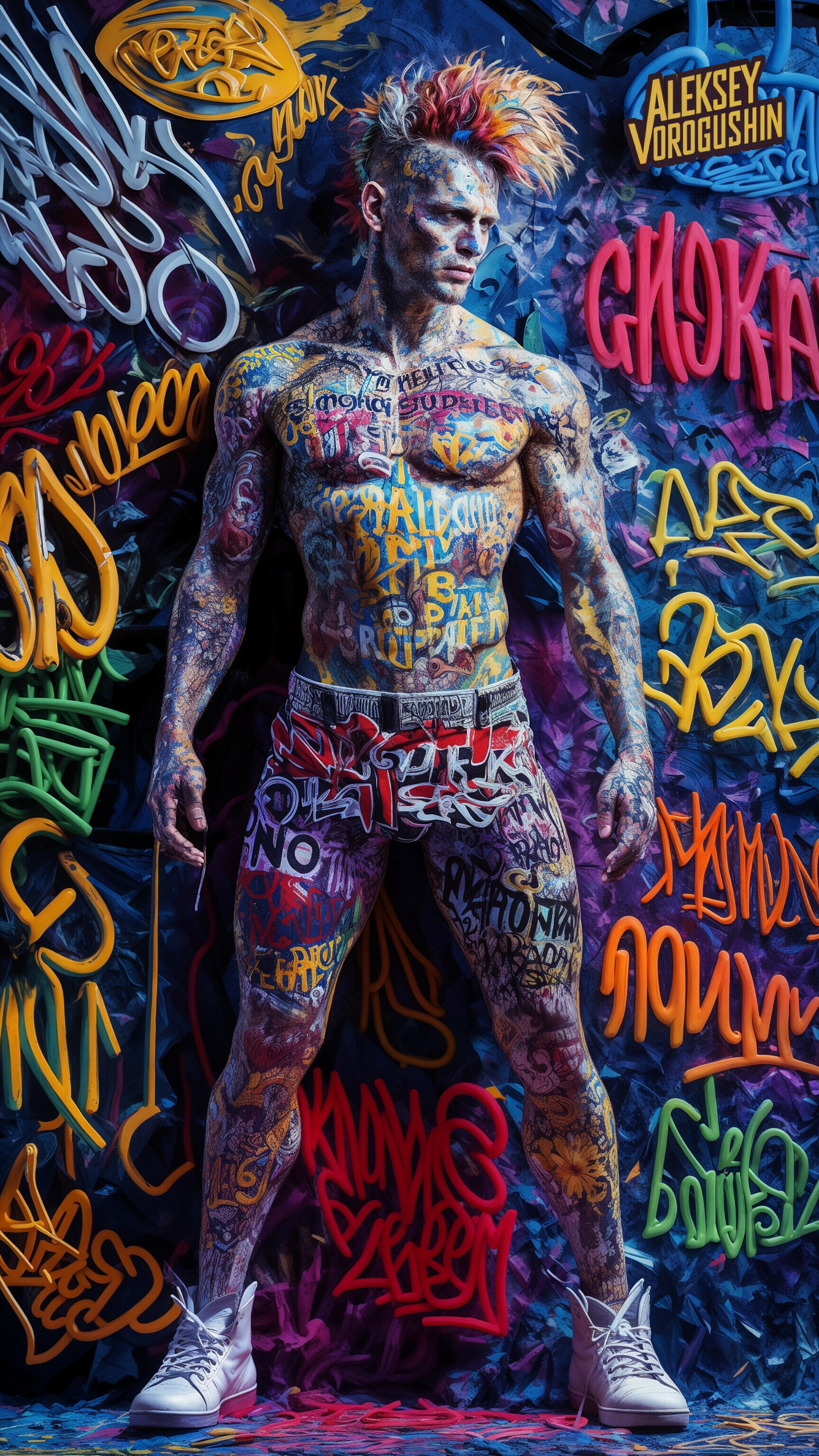 Neuroartist: Vorogushin Alexey Gennadievich. Muscular punk in pop art style with elements of graffiti. Neuroart evaluation using AI - My, Dall-e, Нейронные сети, Neural network art, Digital, Phone wallpaper, Art, Street art, Masterpiece (Yandex), Desktop wallpaper, Pop Art, Punks, Art, Modern Art, Graffiti, Computer graphics, Artificial Intelligence, Digital drawing, Cover, Artist, Longpost