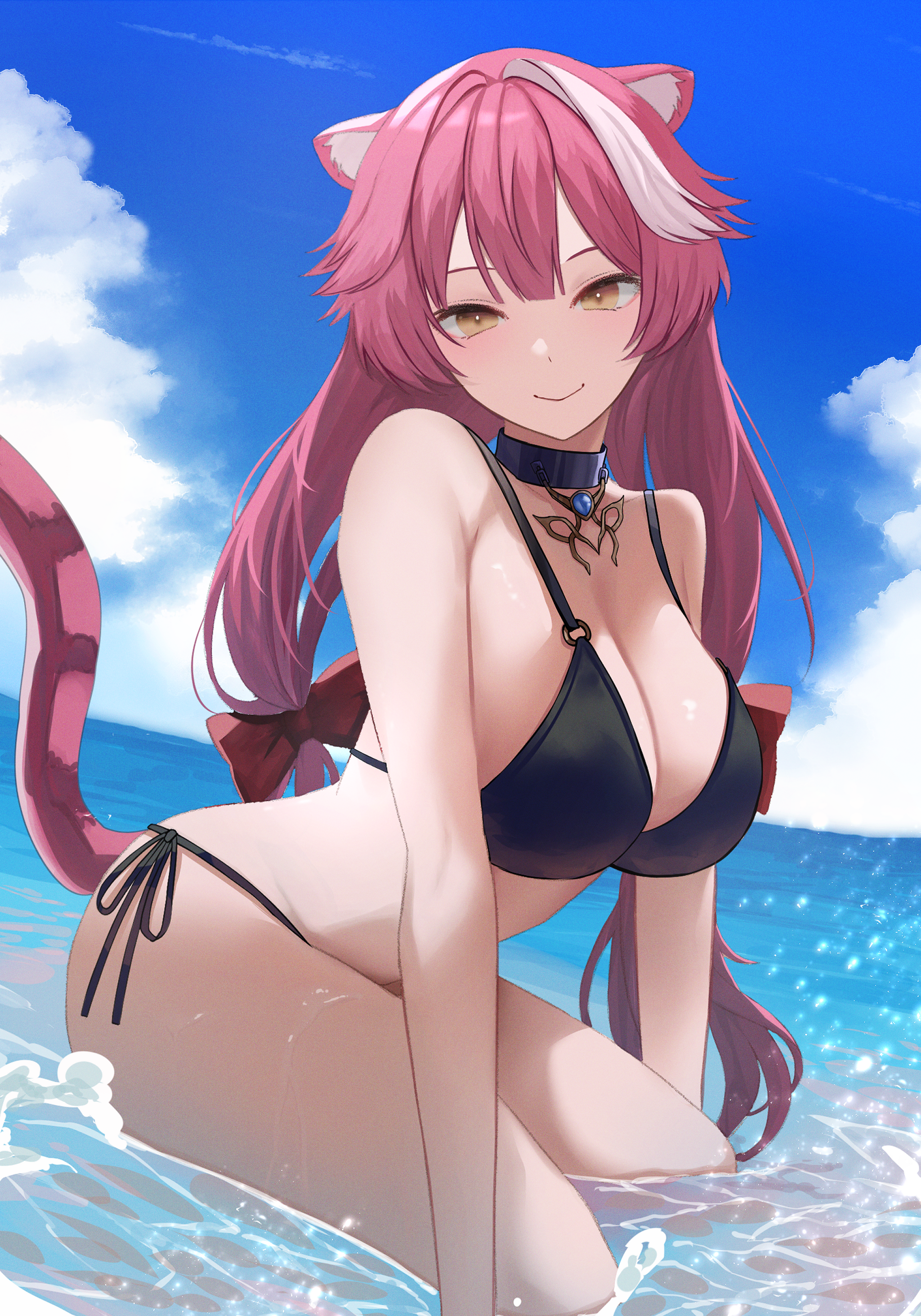 Raora Panthera #002 - Anime, Anime art, Hololive, Raora Panthera, Girls, Swimsuit, Bikini, Tail, Long hair, Choker, Animal ears, On the knees, Neckline