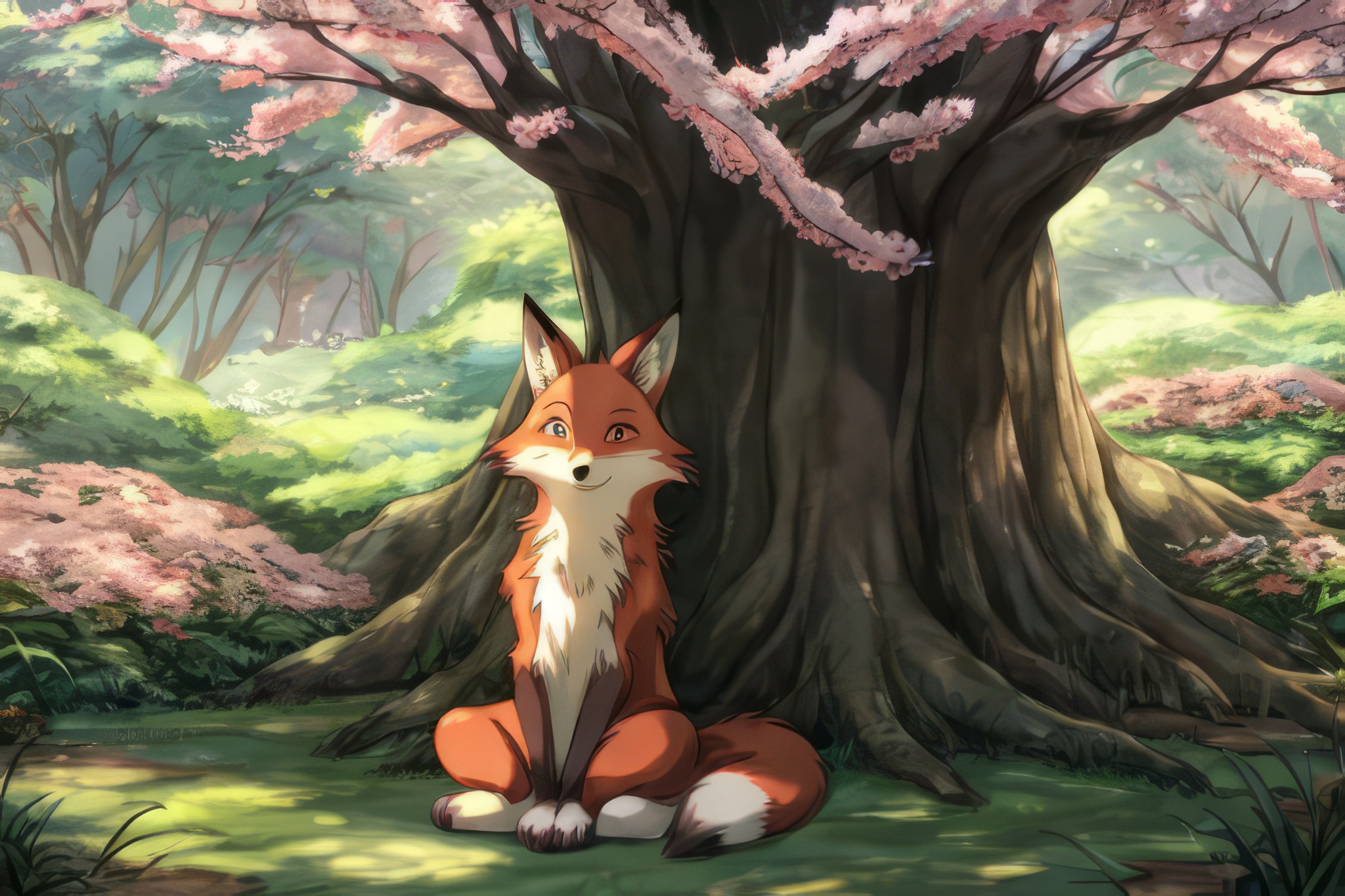 Wolfmks Neiro Art #11 - My, Neural network art, Art, Furry wolf, Furry fox, Sakura, Anime