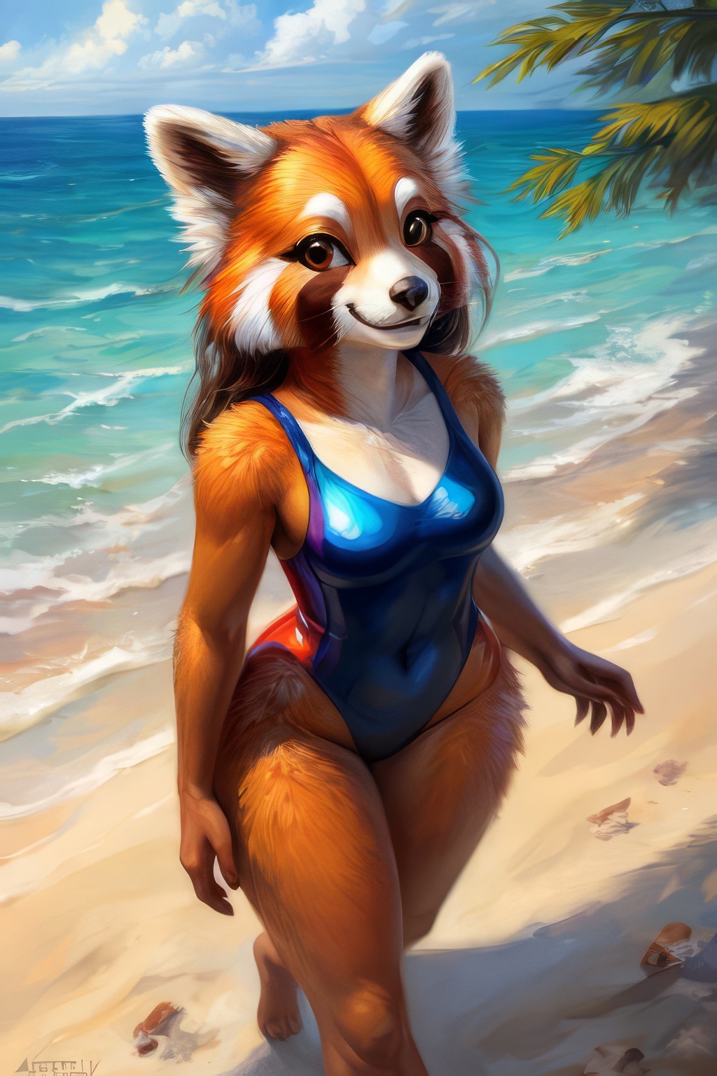 Furry art by Wolfmks #177 - My, Neural network art, Art, Furry, Furry art, Furry red panda, Beach, Swimsuit, Sea, Bikini, Phone wallpaper, Longpost