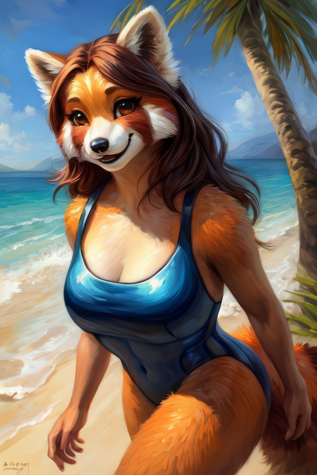 Furry art by Wolfmks #177 - My, Neural network art, Art, Furry, Furry art, Furry red panda, Beach, Swimsuit, Sea, Bikini, Phone wallpaper, Longpost