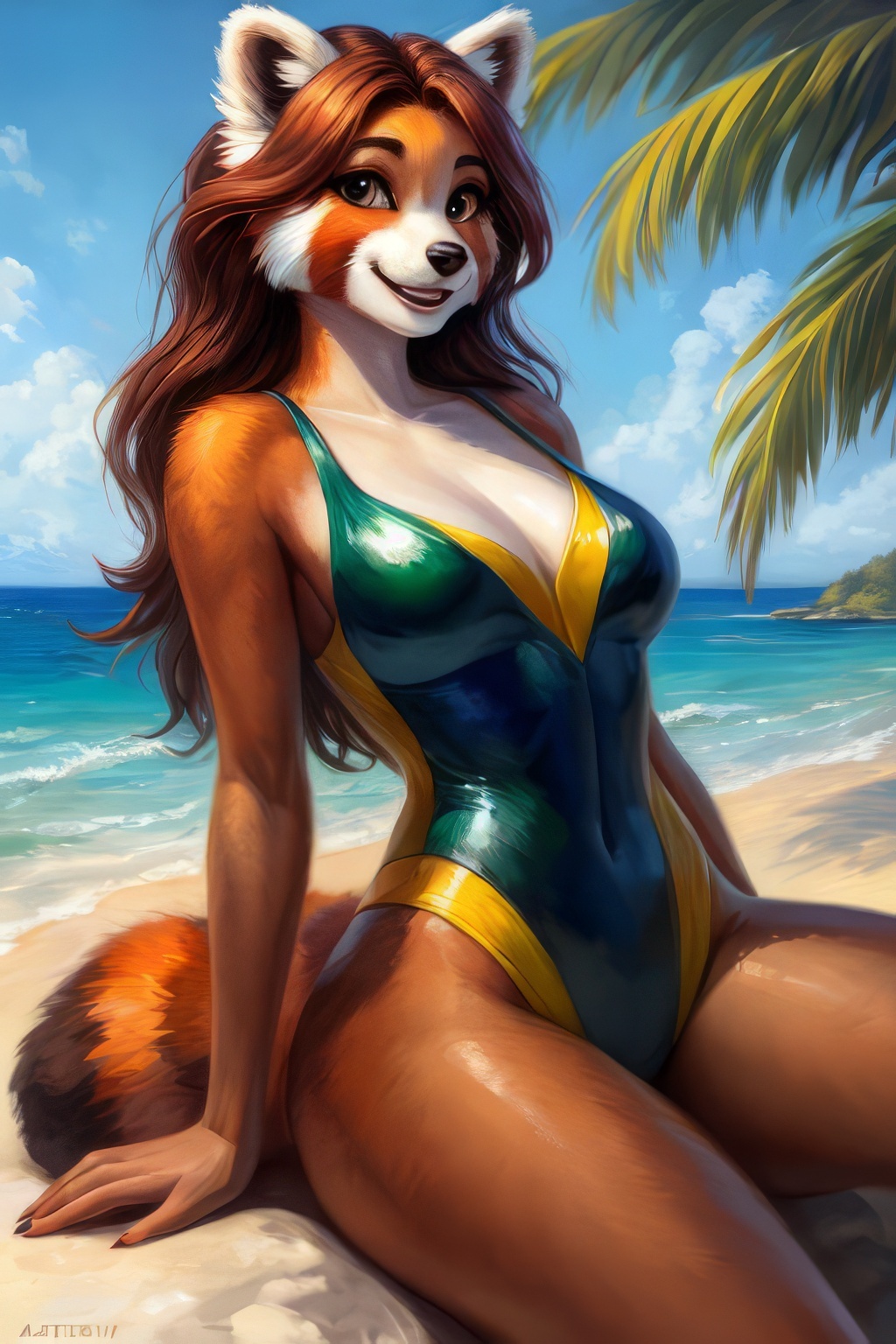 Furry art by Wolfmks #177 - My, Neural network art, Art, Furry, Furry art, Furry red panda, Beach, Swimsuit, Sea, Bikini, Phone wallpaper, Longpost