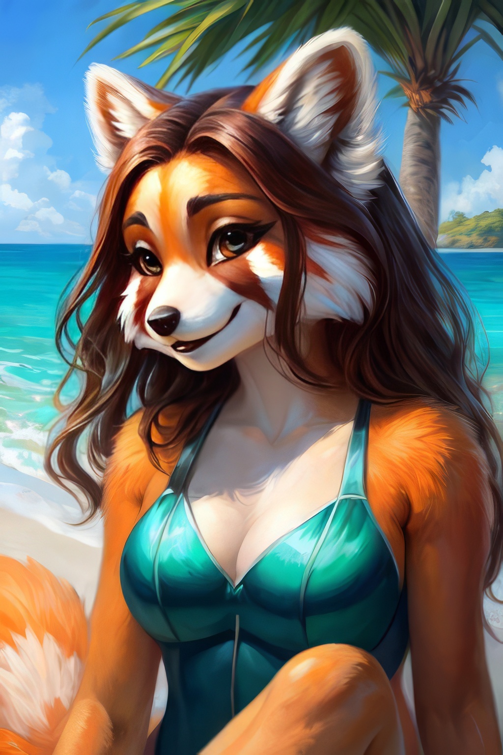 Furry art by Wolfmks #177 - My, Neural network art, Art, Furry, Furry art, Furry red panda, Beach, Swimsuit, Sea, Bikini, Phone wallpaper, Longpost