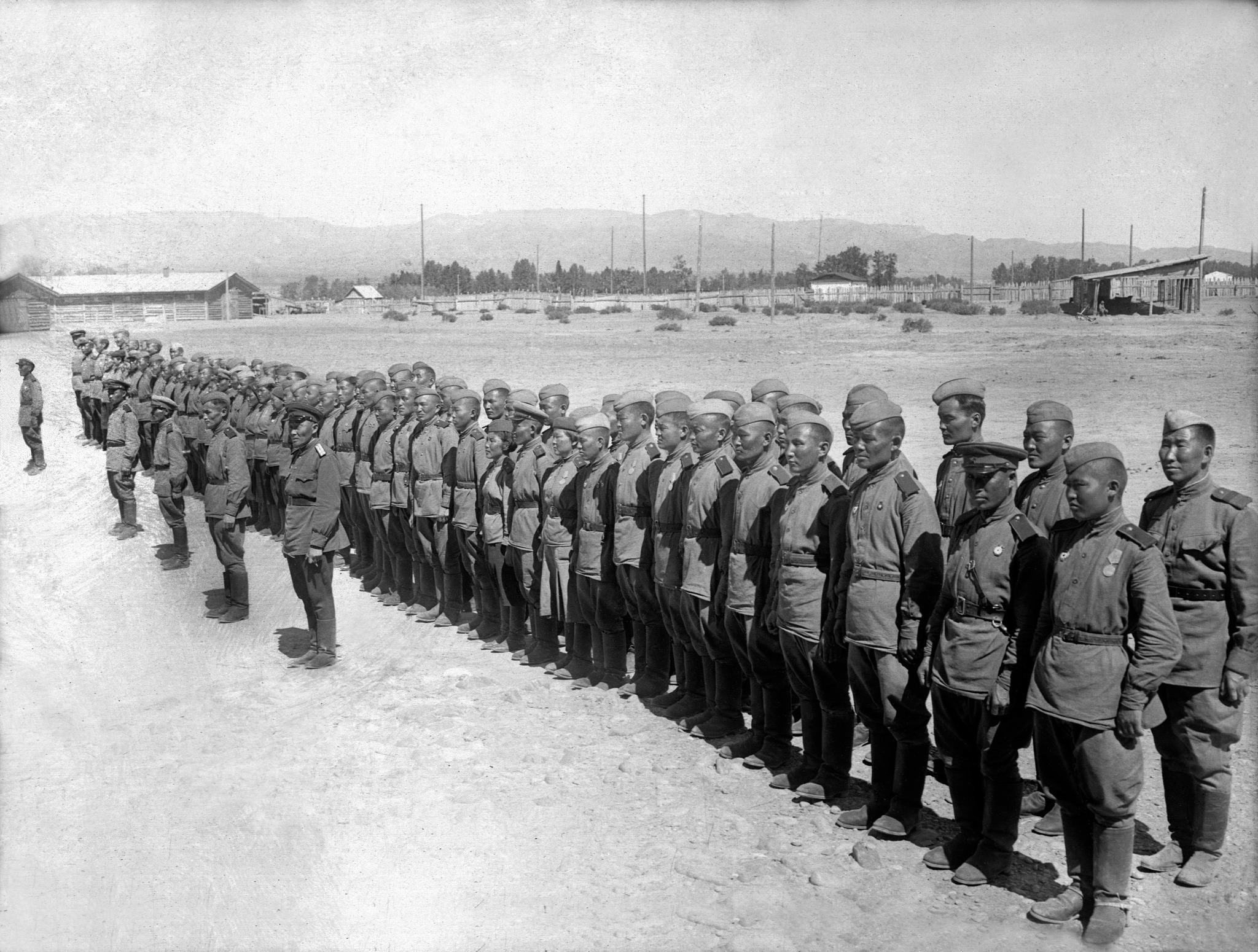 Tuvan volunteers returning from the front for rest - The Second World War, The Great Patriotic War, The photo, Black and white photo, Historical photo, The soldiers, Military history, Old photo, Tuvinets, the USSR