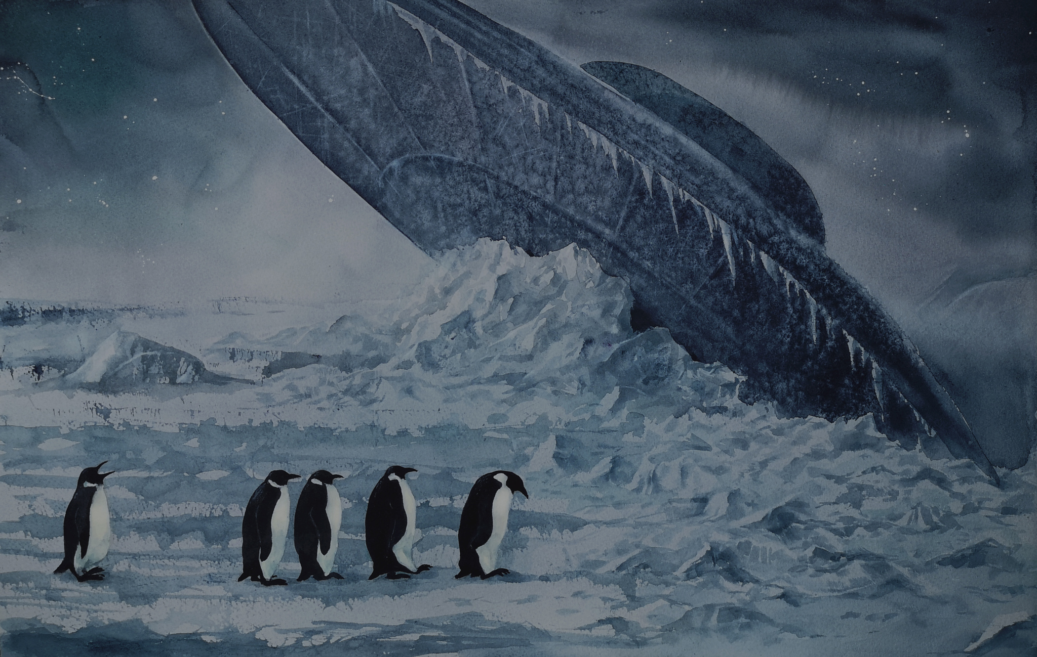 The Emperor's Night Walk, watercolor - My, Watercolor, Antarctica, Penguins, UFO, Art