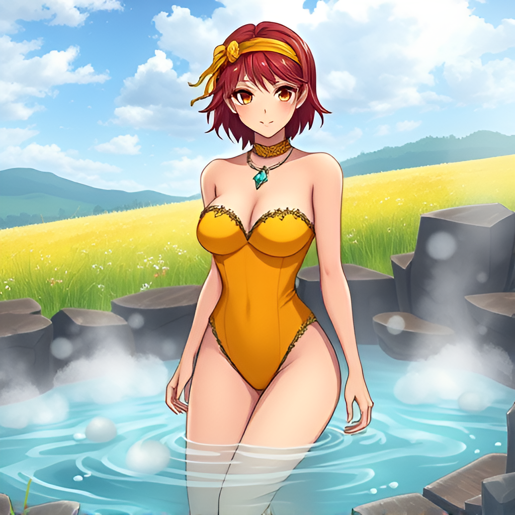 Bathers in natural boiling water - Bathing, Swimsuit, Girls, Anime, Art, Bikini, Women, Water, Meadow, Hot water, Longpost