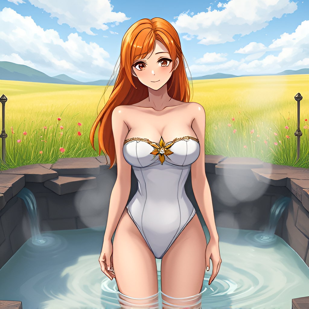 Bathers in natural boiling water - Bathing, Swimsuit, Girls, Anime, Art, Bikini, Women, Water, Meadow, Hot water, Longpost