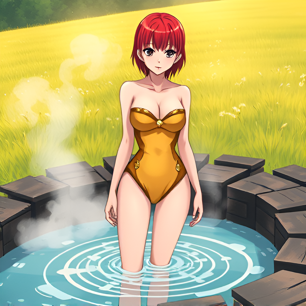 Bathers in natural boiling water - Bathing, Swimsuit, Girls, Anime, Art, Bikini, Women, Water, Meadow, Hot water, Longpost