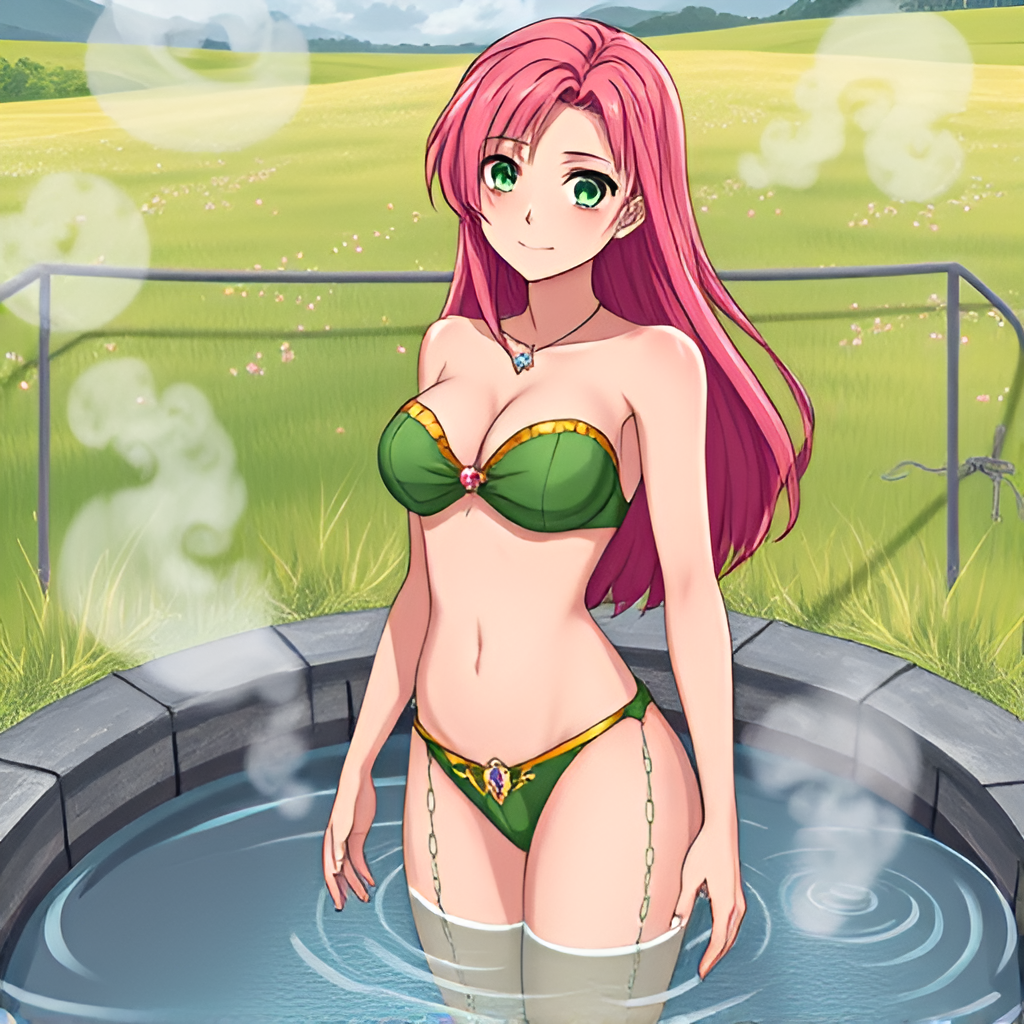 Bathers in natural boiling water - Bathing, Swimsuit, Girls, Anime, Art, Bikini, Women, Water, Meadow, Hot water, Longpost