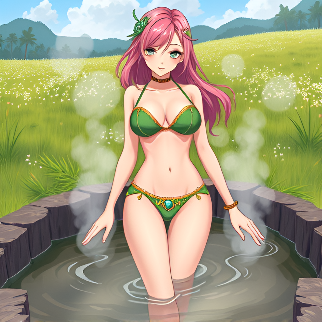 Bathers in natural boiling water - Bathing, Swimsuit, Girls, Anime, Art, Bikini, Women, Water, Meadow, Hot water, Longpost