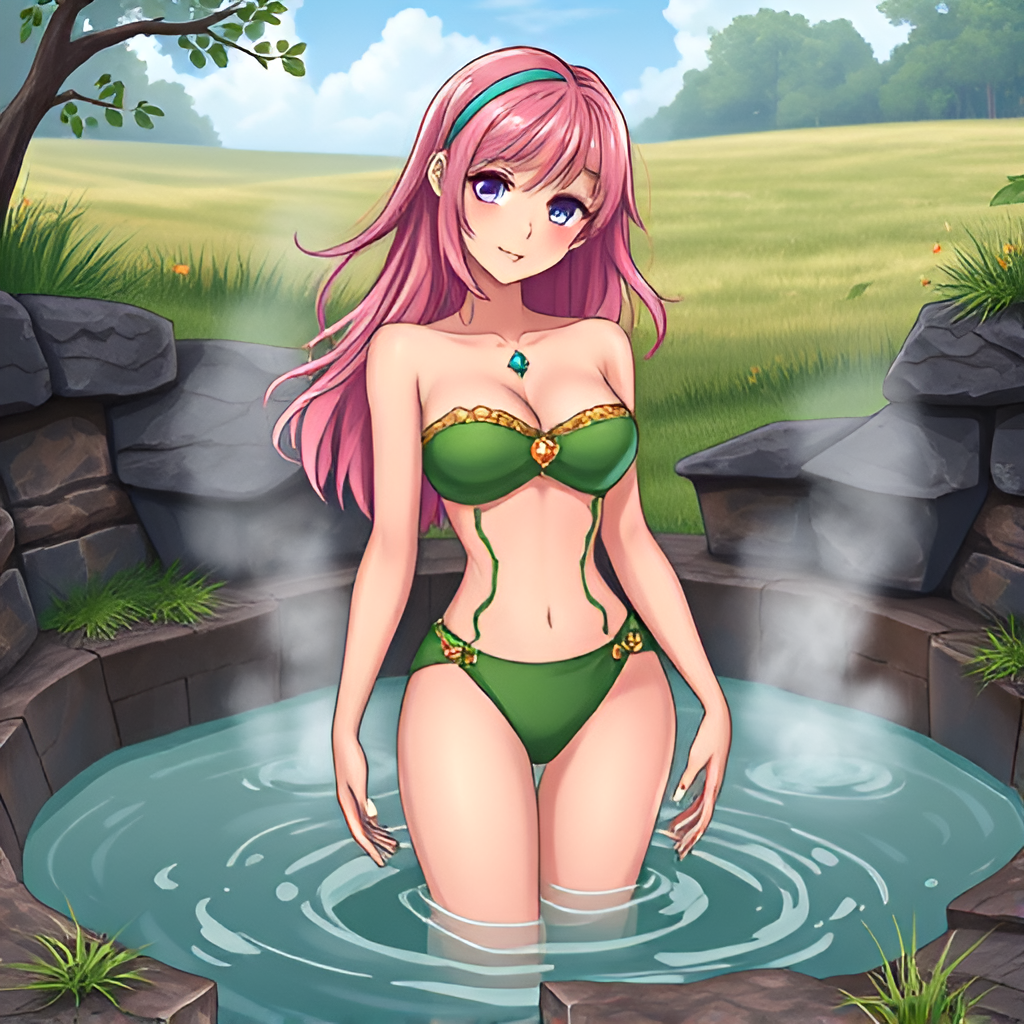 Bathers in natural boiling water - Bathing, Swimsuit, Girls, Anime, Art, Bikini, Women, Water, Meadow, Hot water, Longpost