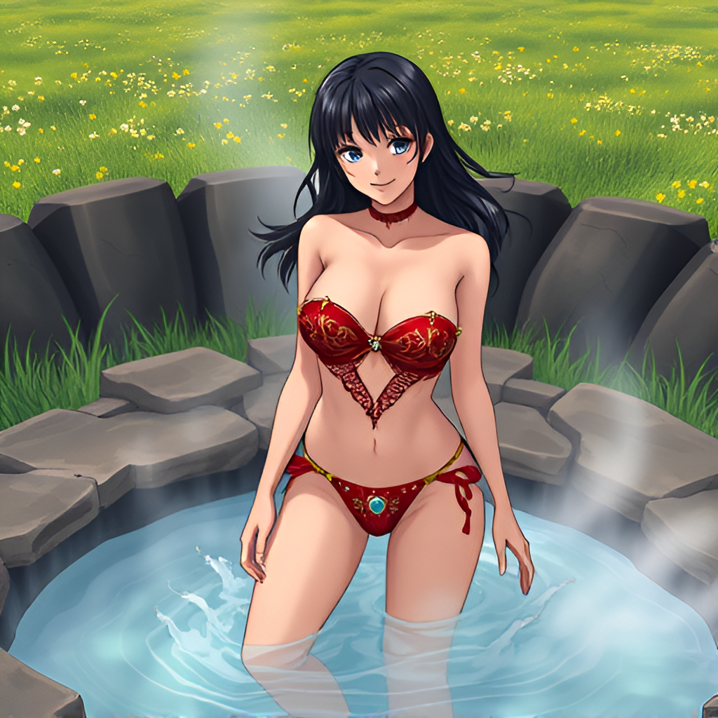 Bathers in natural boiling water - Bathing, Swimsuit, Girls, Anime, Art, Bikini, Women, Water, Meadow, Hot water, Longpost