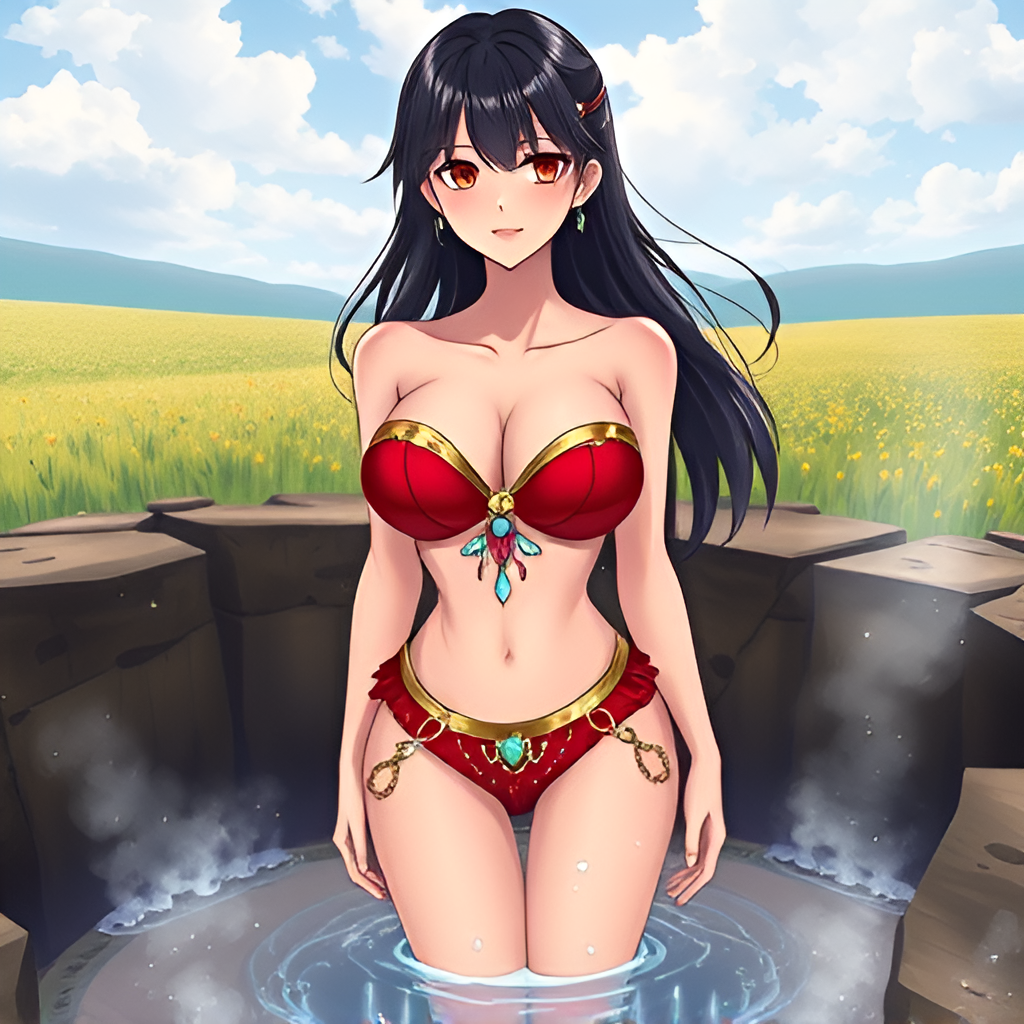 Bathers in natural boiling water - Bathing, Swimsuit, Girls, Anime, Art, Bikini, Women, Water, Meadow, Hot water, Longpost