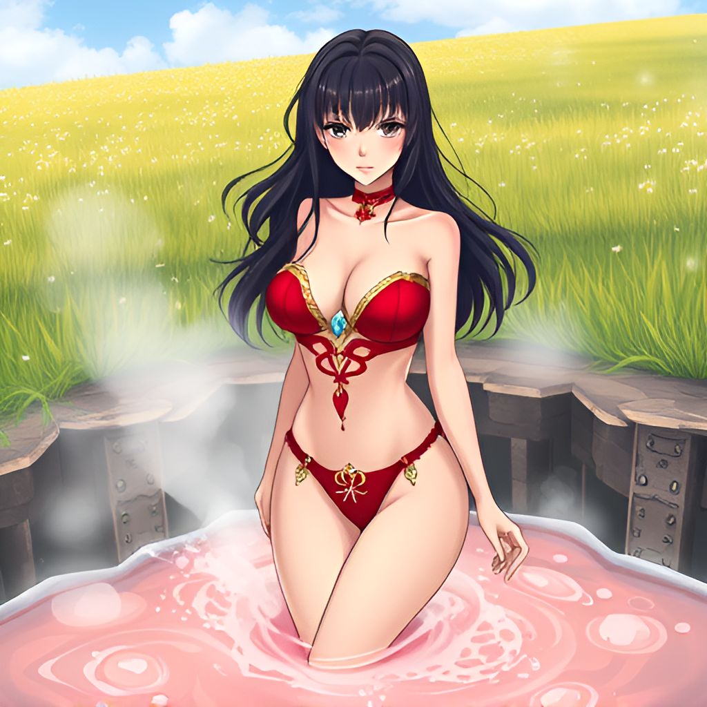 Bathers in natural boiling water - Bathing, Swimsuit, Girls, Anime, Art, Bikini, Women, Water, Meadow, Hot water, Longpost