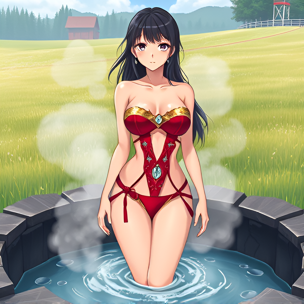 Bathers in natural boiling water - Bathing, Swimsuit, Girls, Anime, Art, Bikini, Women, Water, Meadow, Hot water, Longpost