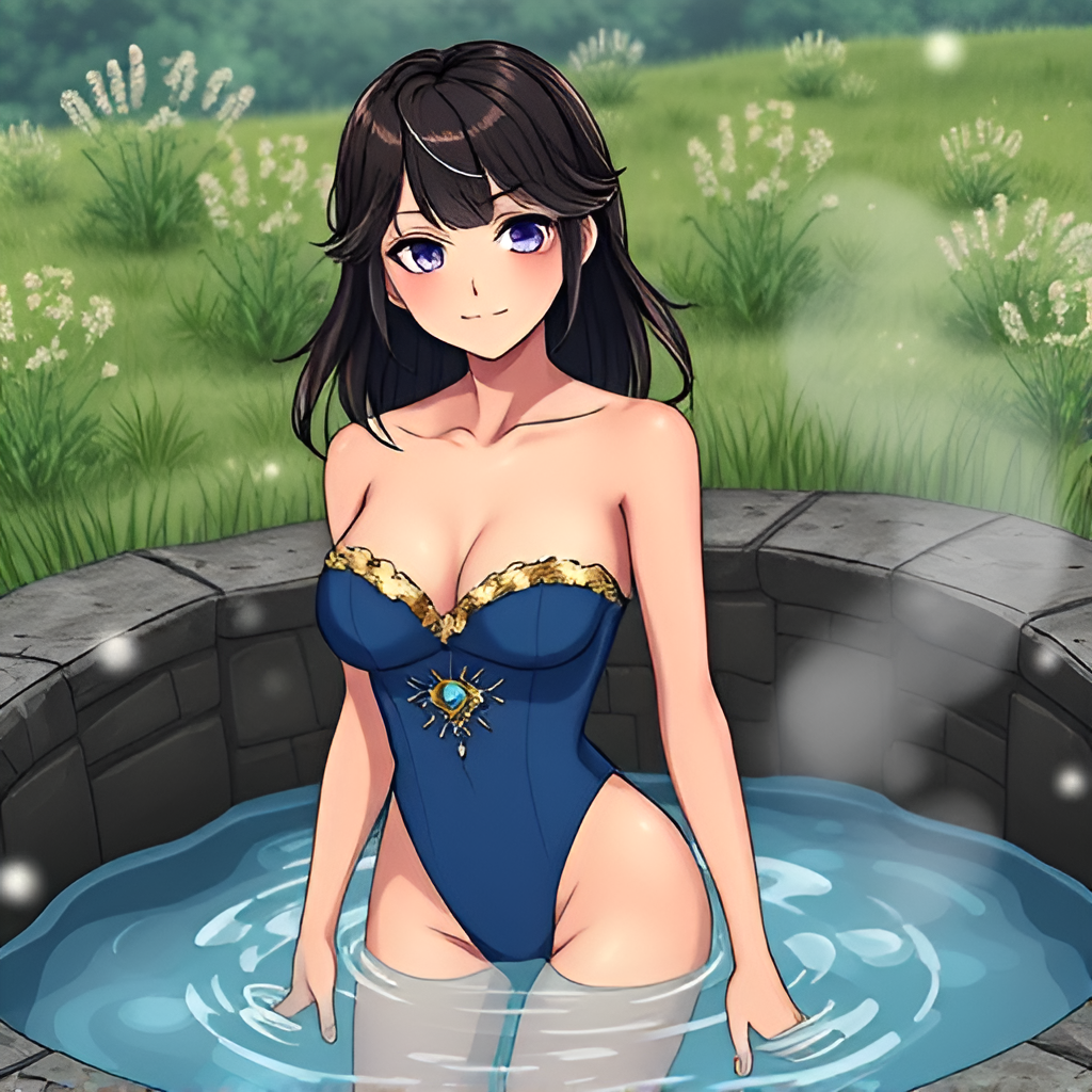 Bathers in natural boiling water - Bathing, Swimsuit, Girls, Anime, Art, Bikini, Women, Water, Meadow, Hot water, Longpost