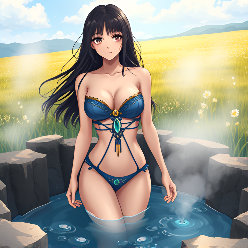 Bathers in natural boiling water - Bathing, Swimsuit, Girls, Anime, Art, Bikini, Women, Water, Meadow, Hot water, Longpost