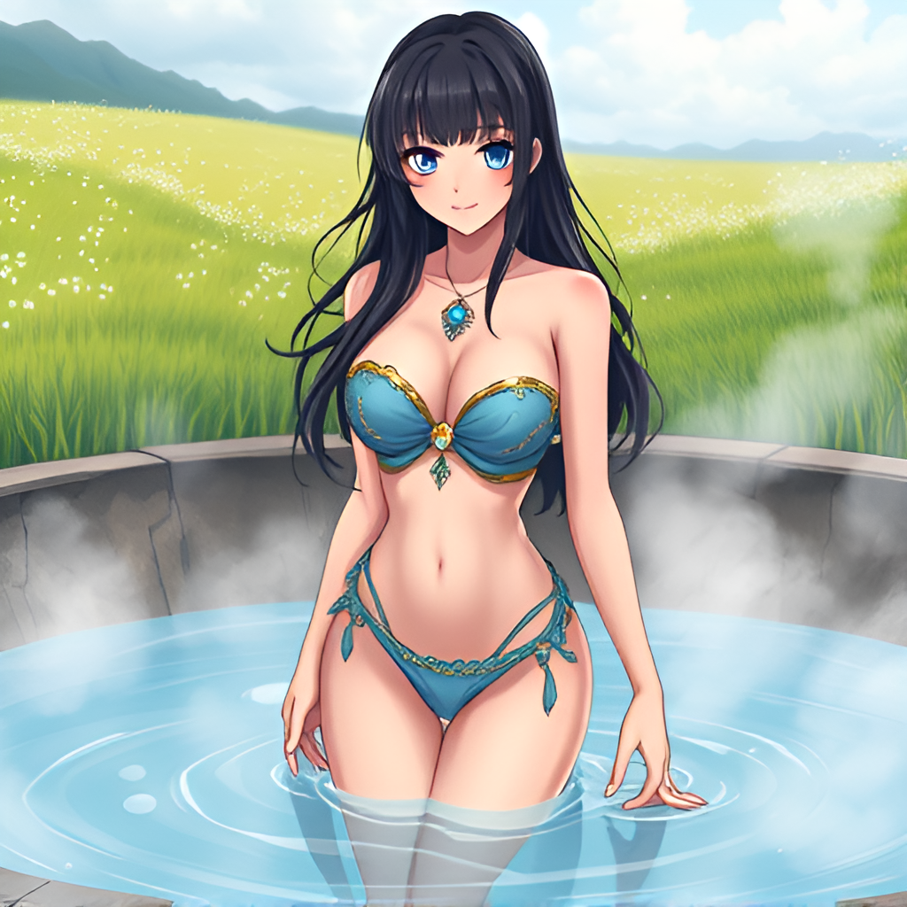 Bathers in natural boiling water - Bathing, Swimsuit, Girls, Anime, Art, Bikini, Women, Water, Meadow, Hot water, Longpost