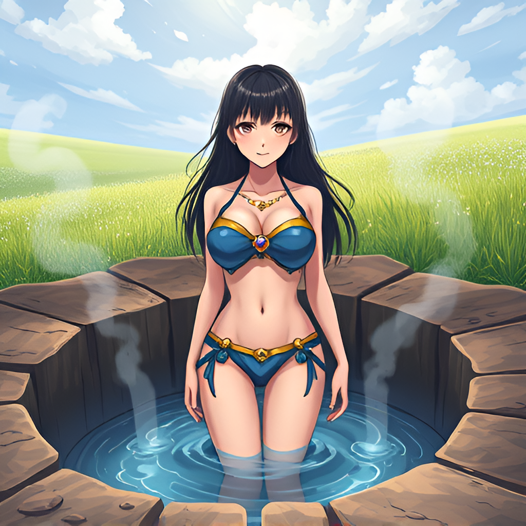 Bathers in natural boiling water - Bathing, Swimsuit, Girls, Anime, Art, Bikini, Women, Water, Meadow, Hot water, Longpost