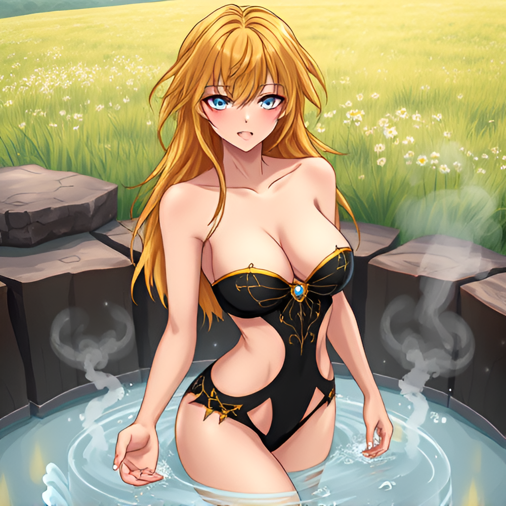 Bathers in natural boiling water - Bathing, Swimsuit, Girls, Anime, Art, Bikini, Women, Water, Meadow, Hot water, Longpost