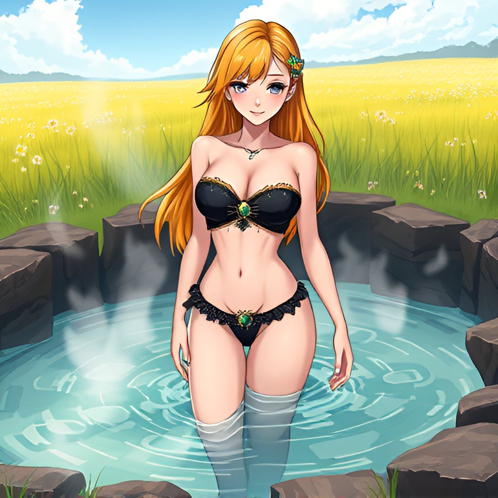 Bathers in natural boiling water - Bathing, Swimsuit, Girls, Anime, Art, Bikini, Women, Water, Meadow, Hot water, Longpost