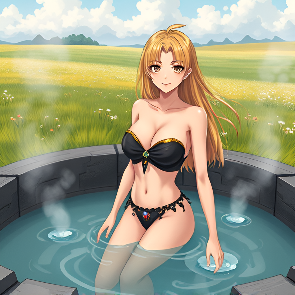 Bathers in natural boiling water - Bathing, Swimsuit, Girls, Anime, Art, Bikini, Women, Water, Meadow, Hot water, Longpost