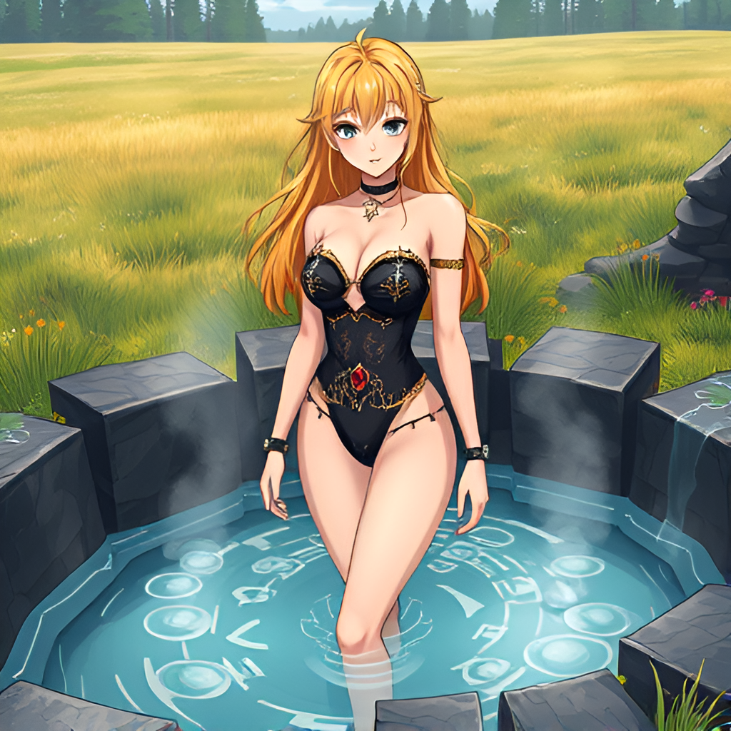 Bathers in natural boiling water - Bathing, Swimsuit, Girls, Anime, Art, Bikini, Women, Water, Meadow, Hot water, Longpost