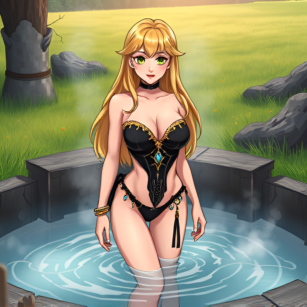 Bathers in natural boiling water - Bathing, Swimsuit, Girls, Anime, Art, Bikini, Women, Water, Meadow, Hot water, Longpost