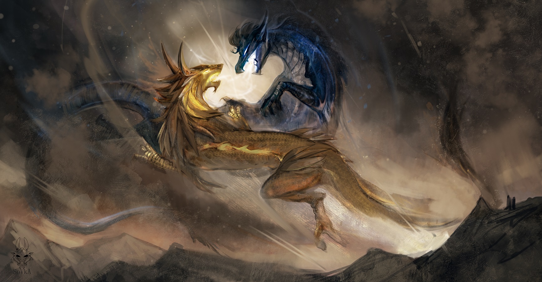 Battle of the Dragons - Art, The Dragon, Golden Dragon, Blue, Flight, Battle, Battle, Digital drawing, Drawing_sofa