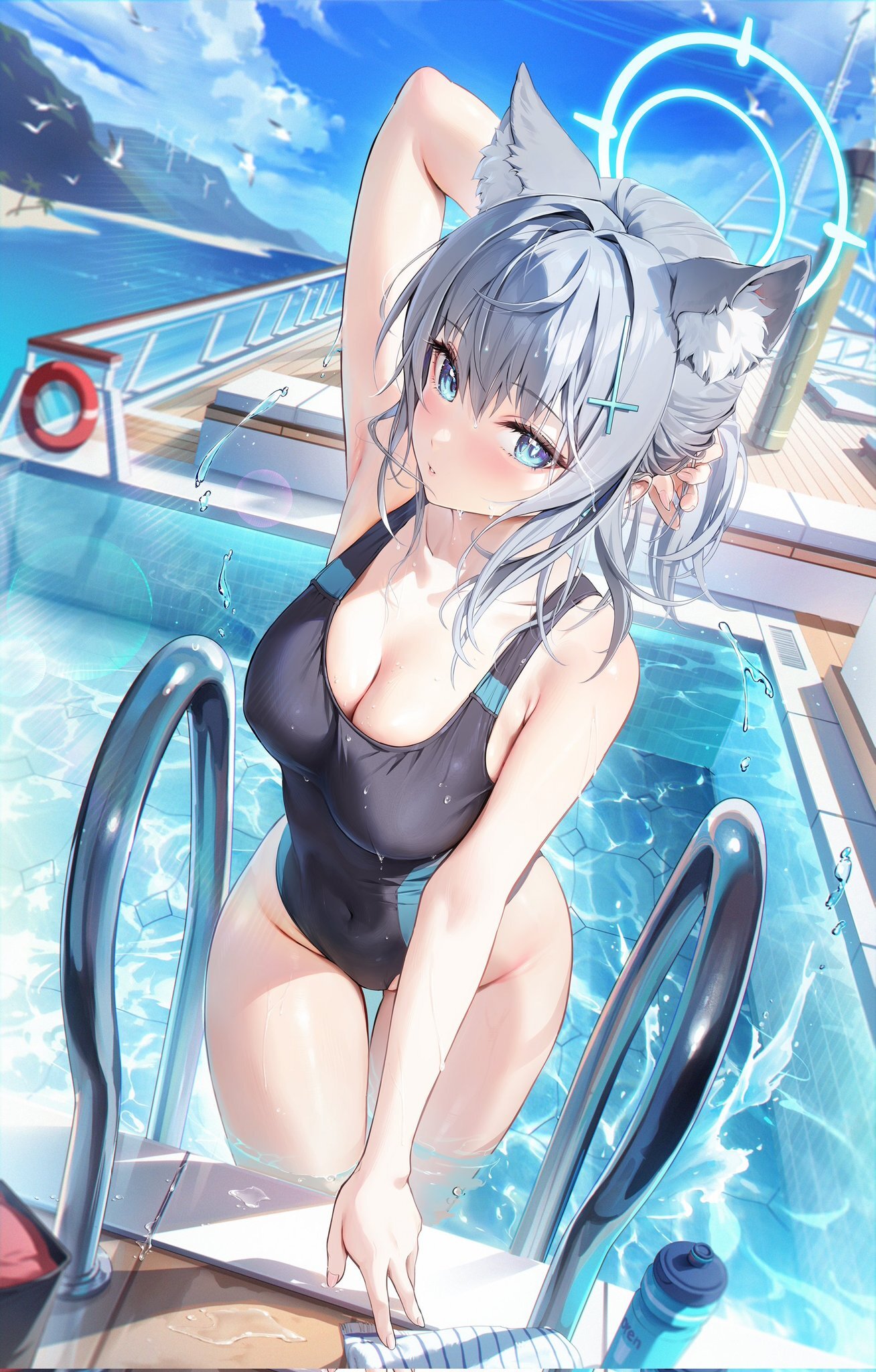 The water is delicious - Anime, Anime art, Girls, Games, Blue archive, Sunaookami shiroko, Swimsuit, Swimming pool, Sea, Ship, Neural network art, Animal ears