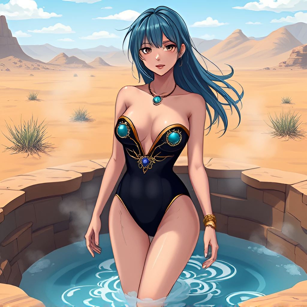 Beauties in boiling pools among deserts - Bathing, Swimsuit, Girls, Anime, Art, Longpost