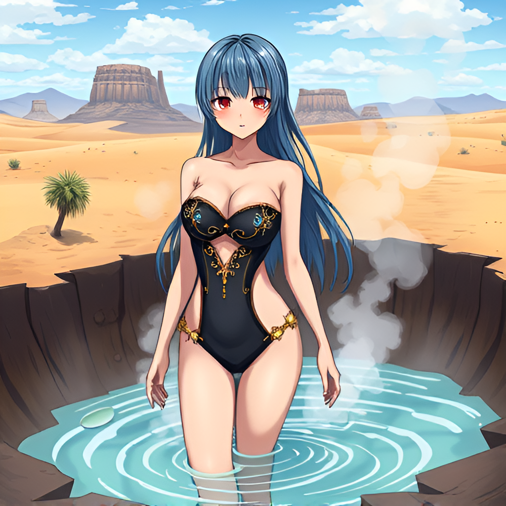 Beauties in boiling pools among deserts - Bathing, Swimsuit, Girls, Anime, Art, Longpost