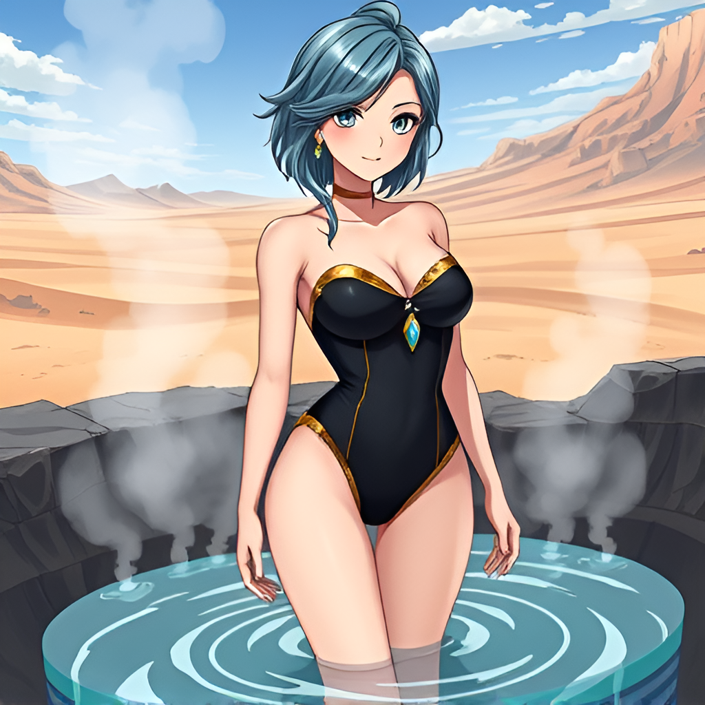 Beauties in boiling pools among deserts - Bathing, Swimsuit, Girls, Anime, Art, Longpost