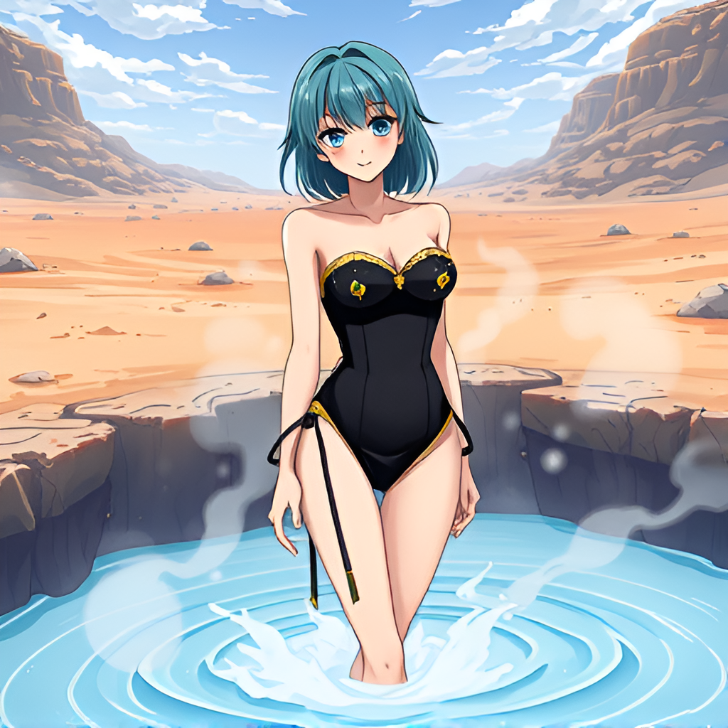 Beauties in boiling pools among deserts - Bathing, Swimsuit, Girls, Anime, Art, Longpost