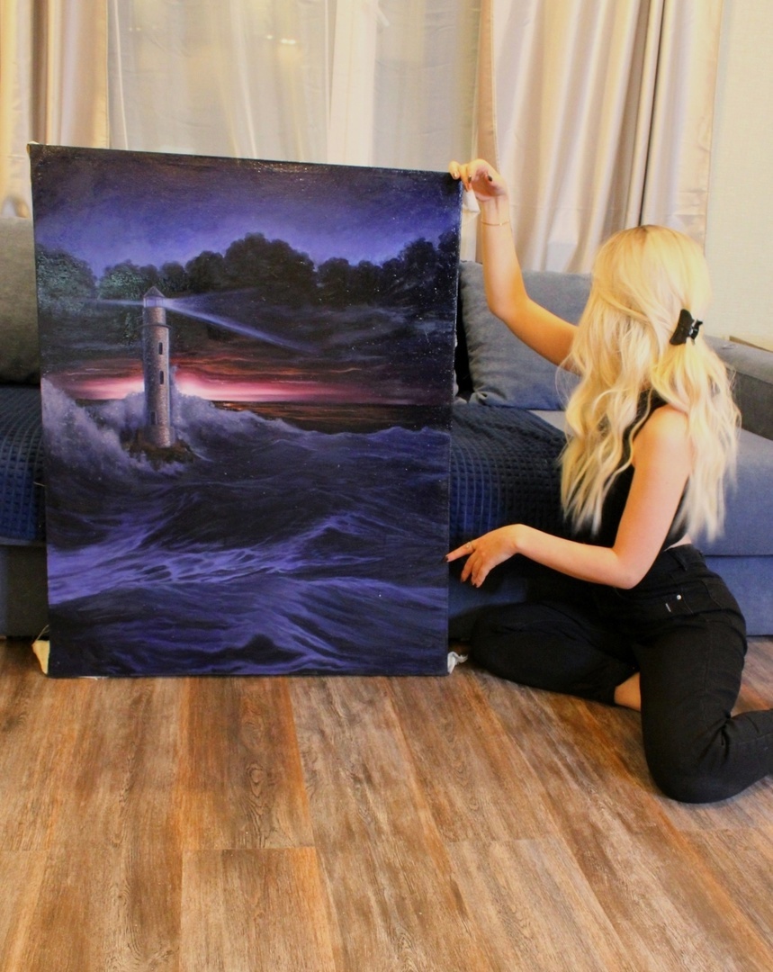 Lighthouse - My, Painting, Sea, Painting, Oil painting, Girls, Lighthouse, Sunset, Drawing, Longpost