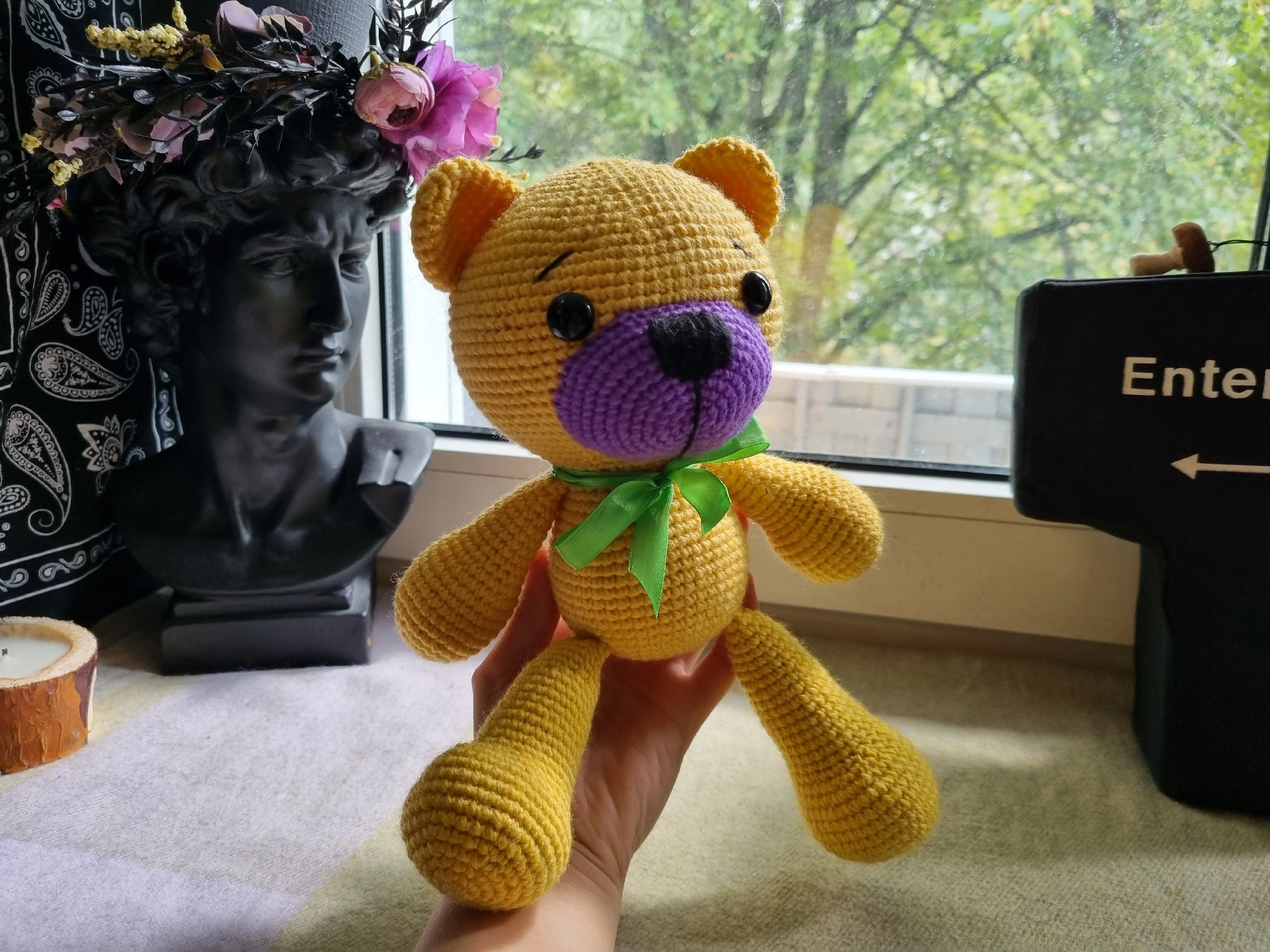 Yellow and purple Teddy bear to order - My, Knitting, Crochet, Amigurumi, Needlework, Needlework without process, Creation, With your own hands, Toys, Soft toy, Presents, Order, Author's toy, Yarn, Longpost