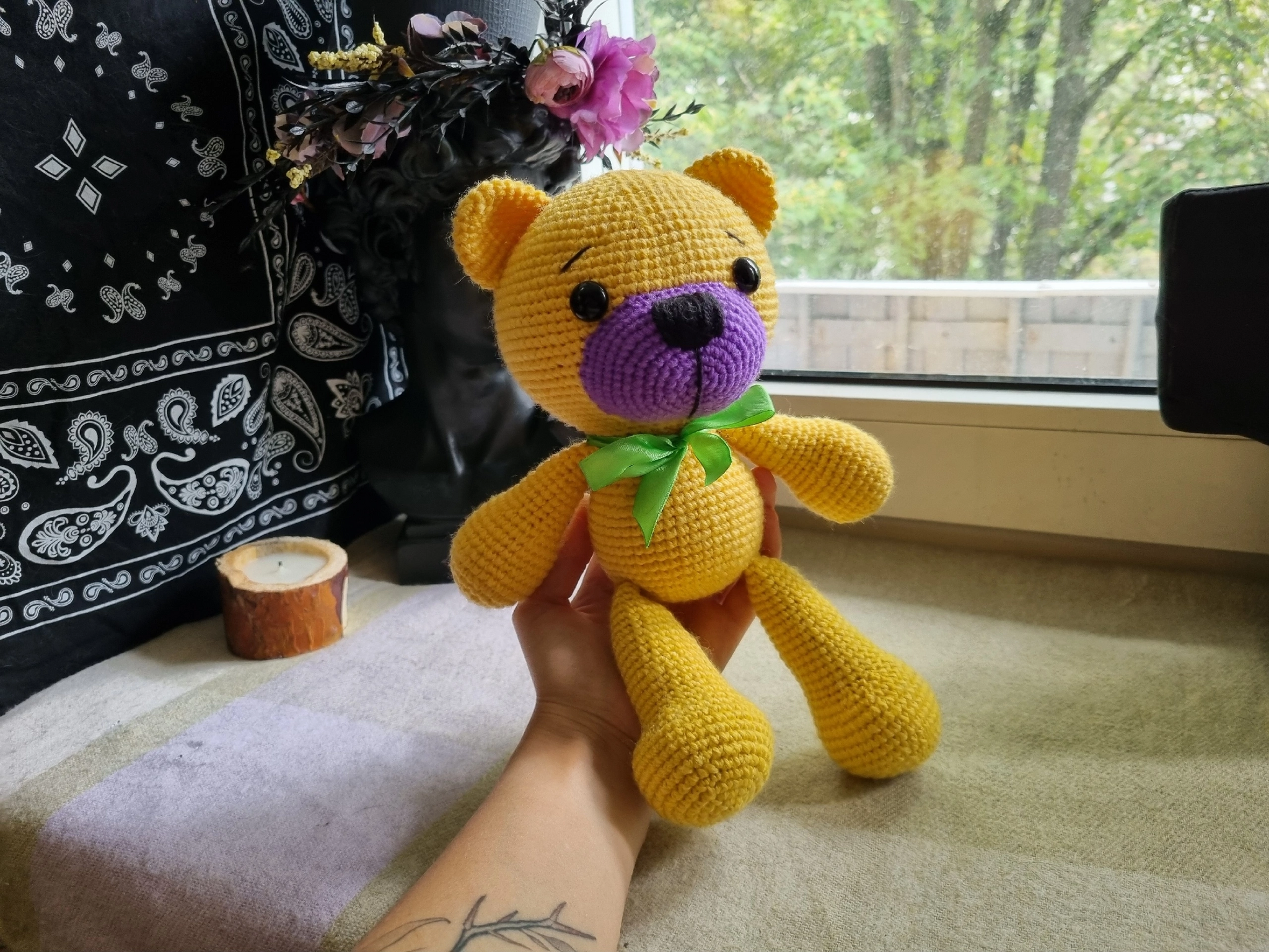 Yellow and purple Teddy bear to order - My, Knitting, Crochet, Amigurumi, Needlework, Needlework without process, Creation, With your own hands, Toys, Soft toy, Presents, Order, Author's toy, Yarn, Longpost