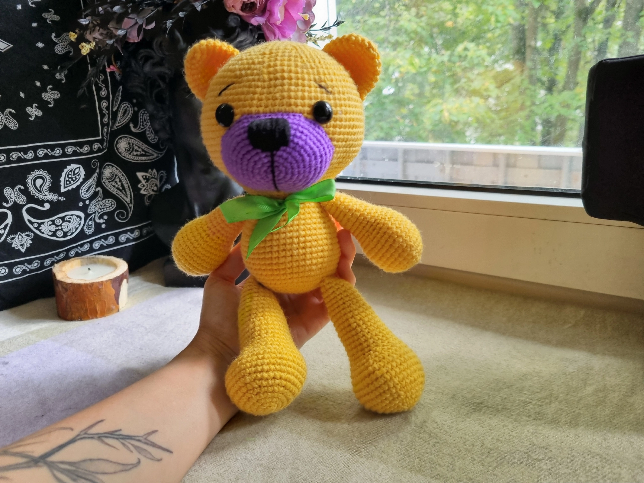 Yellow and purple Teddy bear to order - My, Knitting, Crochet, Amigurumi, Needlework, Needlework without process, Creation, With your own hands, Toys, Soft toy, Presents, Order, Author's toy, Yarn, Longpost