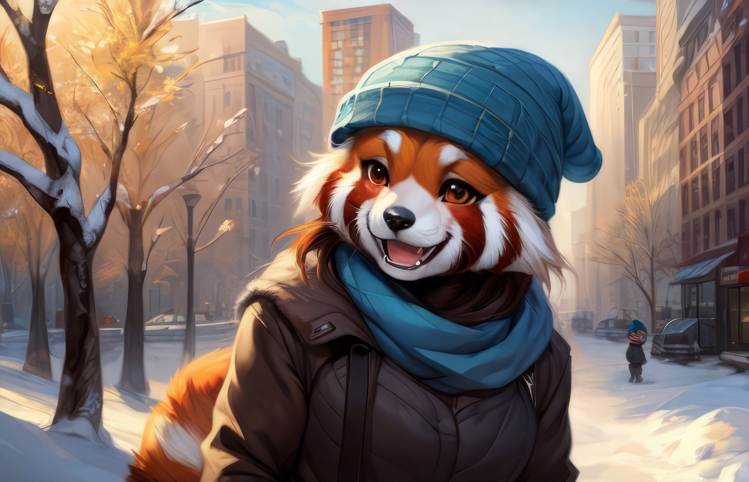 Furry art by Wolfmks #219 - My, Furry, Furry art, Neural network art, Art, Furry red panda, Winter, Snow, Winter clothing, Wallpaper, Desktop wallpaper, Longpost