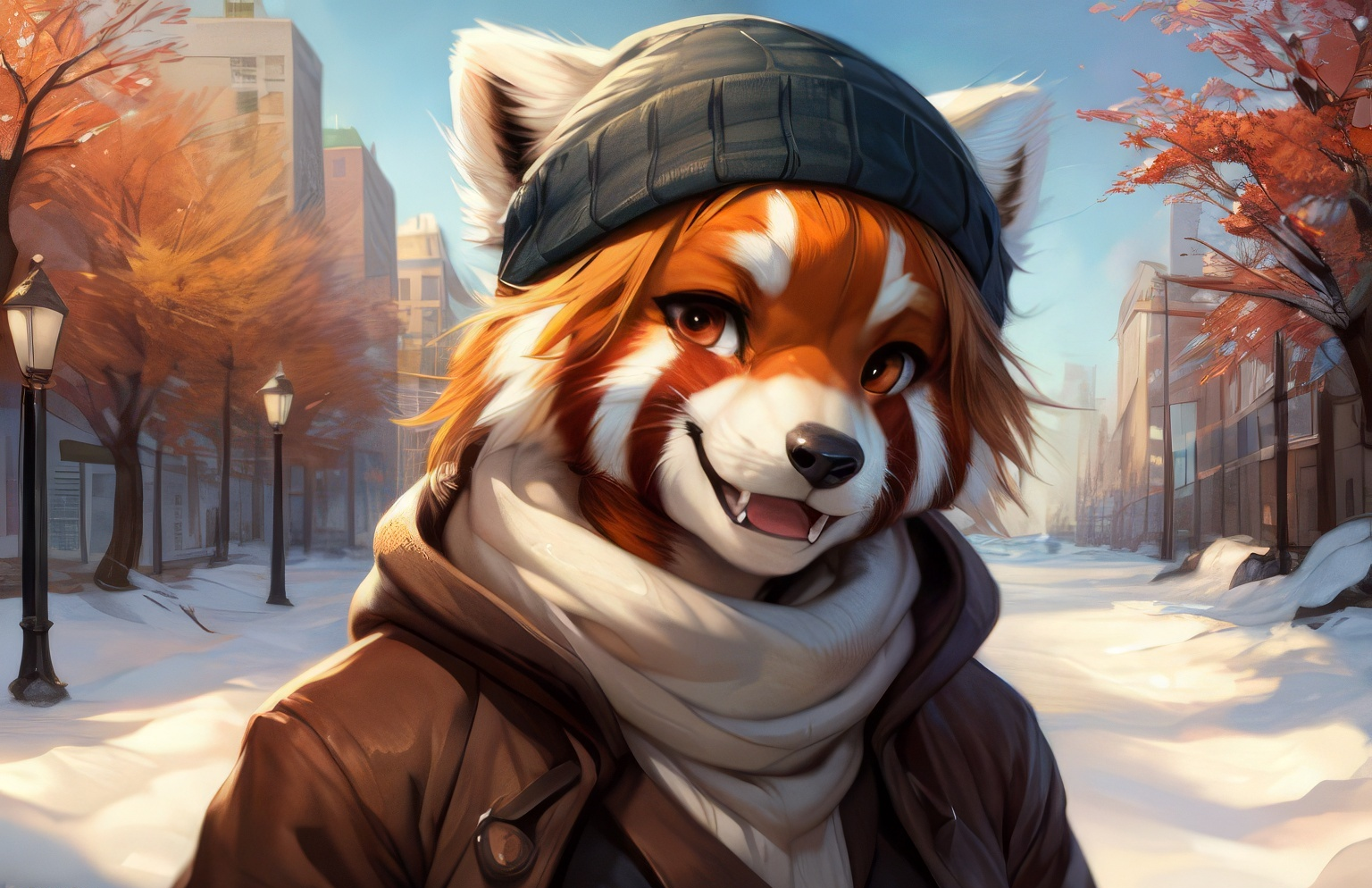 Furry art by Wolfmks #219 - My, Furry, Furry art, Neural network art, Art, Furry red panda, Winter, Snow, Winter clothing, Wallpaper, Desktop wallpaper, Longpost