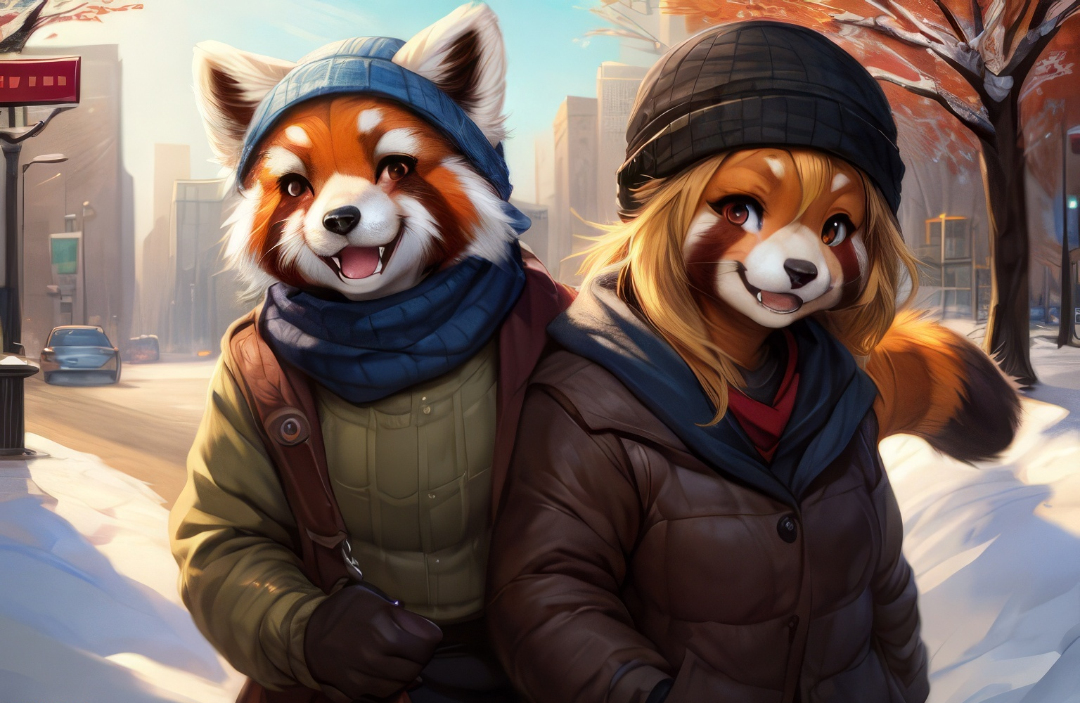 Furry art by Wolfmks #219 - My, Furry, Furry art, Neural network art, Art, Furry red panda, Winter, Snow, Winter clothing, Wallpaper, Desktop wallpaper, Longpost